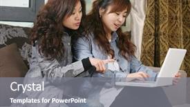  Presentation with home - Beautiful theme featuring chinese people - young beautiful girl use pc backdrop and a gray colored foreground