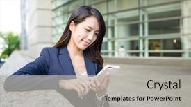  Presentation with mobile use - PPT layouts enhanced with chinese people - young businesswoman use of mobile background and a  colored foreground