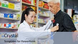  Presentation with heartbeat - Theme consisting of chinese pharmacist chemist woman examining heartbeat of customer in china pharmacy drugstore background and a light blue colored foreground