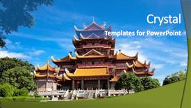  Presentation with buddhism religion - Presentation theme featuring chinese religion - temple of xichan in fuzhou background and a teal colored foreground