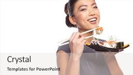  Presentation with chopsticks and food - Audience pleasing PPT theme consisting of chinese restaurant - sushi woman holding sushi backdrop and a lemonade colored foreground