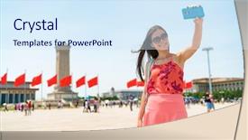  Presentation with china travel - Slide deck with chinese revolution - asian tourist woman taking selfie background and a sky blue colored foreground