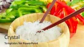  Presentation with noodles - Audience pleasing theme consisting of chinese rice noodles with vegetable backdrop and a lemonade colored foreground