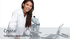  Presentation with microscope - Audience pleasing PPT layouts consisting of chinese scientist woman with microscope backdrop and a light gray colored foreground