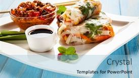  Presentation with sauces - Beautiful presentation theme featuring chinese-spring-rolls-rice backdrop and a light blue colored foreground