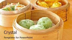  Presentation with food dimsum - Colorful presentation theme enhanced with chinese steamed dimsum in bamboo backdrop and a yellow colored foreground