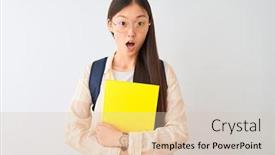  Presentation with book glasses - Cool new presentation design with chinese-student-woman-wearing-glasses backdrop and a lemonade colored foreground
