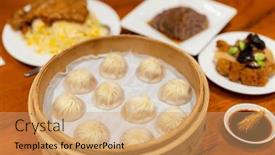  Presentation with chinese restaurant - Presentation theme having chinese-style-steamed-xialongbao background and a coral colored foreground