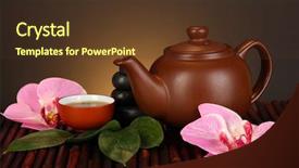  Presentation with ceremony - Cool new slide deck with chinese tea ceremony on bamboo table on brown background backdrop and a tawny brown colored foreground