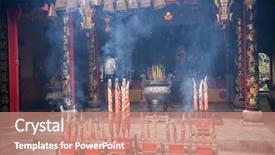  Presentation with chinese temple - Audience pleasing presentation theme consisting of chinese temple filled with smoke backdrop and a coral colored foreground