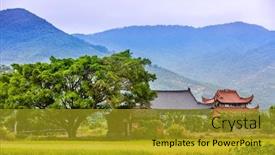  Presentation with chinese mountains - Slide deck featuring chinese-temple-in-field-under background and a gold colored foreground