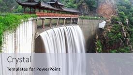 Presentation with waterfall - PPT theme with chinese temple with waterfall in taizhou zhejiang china background and a lemonade colored foreground