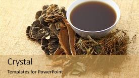  Presentation with oriental medicine - PPT theme consisting of chinese traditional herbs medicine drink background and a yellow colored foreground