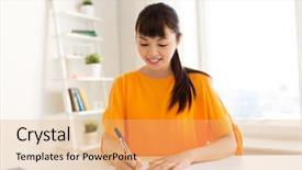  Presentation with chinese education - PPT layouts consisting of education learning and people concept - happy smiling asian student girl writing to notebook at home background and a coral colored foreground