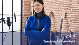  Presentation with artist - PPT theme with chinese-woman-artist-smiling-confident background and a navy blue colored foreground