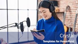  Presentation with artist - Presentation with chinese-woman-artist-smiling-confident background and a navy blue colored foreground