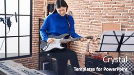  Presentation with music studio - Presentation theme with chinese-woman-artist-smiling-confident background and a wine colored foreground
