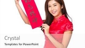  Presentation with blessing - Slide deck consisting of chinese woman hold with fai chun phrase meaning is blessing for good health background and a white colored foreground