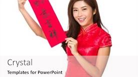  Presentation with blessing - Colorful theme enhanced with chinese woman hold with fai chun phrase meaning is blessing for good fortune backdrop and a sky blue colored foreground