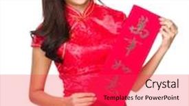  Presentation with everything - Slides with chinese woman hold with fai chun phrase meaning is everything goes smooth background and a red colored foreground