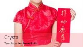 Presentation with everything - Presentation theme having chinese woman hold with fai chun phrase meaning is everything going smoothly and easily background and a red colored foreground