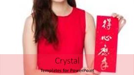  Presentation with everything - Slide set enhanced with chinese woman hold with fai chun showing phrase meaning is everything going smoothly and easily background and a red colored foreground