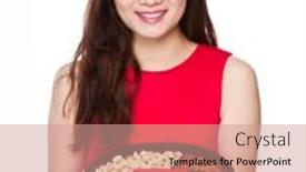  Presentation with chinese food - PPT theme with chinese woman hold with food tray background and a coral colored foreground