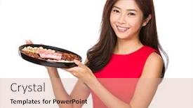  Presentation with lunar - Amazing PPT theme having chinese woman hold with lunar traditional snack tray backdrop and a coral colored foreground