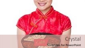  Presentation with chinese new year lunar - Audience pleasing slides consisting of chinese woman hold with snack tray for lunar new year backdrop and a coral colored foreground