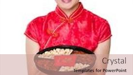  Presentation with good luck - Presentation theme consisting of chinese woman hold with snack tray word meaning is good luck background and a coral colored foreground