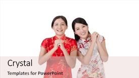  Presentation with chinese new year - Slide set enhanced with chinese woman in traditional cheongsam in the new year background and a lemonade colored foreground