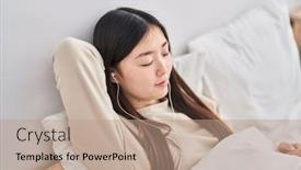  Presentation with listening woman - PPT theme with chinese-woman-listening-to-music background and a coral colored foreground