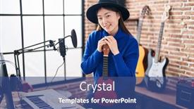  Presentation with ukulele - Presentation design having chinese-woman-musician-smiling-confident background and a ocean colored foreground