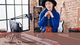  Presentation with ukulele - Presentation theme enhanced with chinese-woman-musician-smiling-confident background and a coral colored foreground