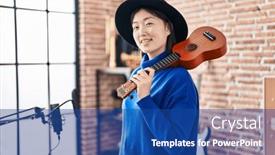  Presentation with ukulele - Slides with chinese-woman-musician-smiling-confident background and a ocean colored foreground