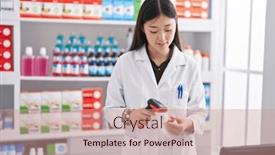  Presentation with scanning - Slide set consisting of chinese-woman-pharmacist-scanning-pills background and a coral colored foreground
