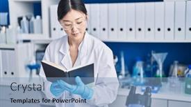  Presentation with chinese - Slide deck featuring chinese-woman-scientist-reading-book background and a light blue colored foreground