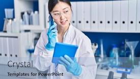  Presentation with chinese - PPT theme featuring chinese-woman-scientist-using-touchpad and a light blue colored foreground