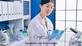  Presentation with chinese - PPT layouts with chinese-woman-scientist-writing background and a light blue colored foreground