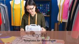  Presentation with sewing machine - Slide deck with chinese-woman-tailor-smiling-confident background and a coral colored foreground