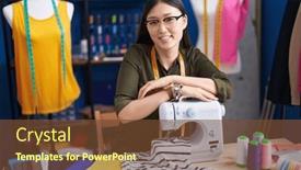  Presentation with sewing machine - PPT layouts enhanced with chinese-woman-tailor-smiling-confident background and a tawny brown colored foreground