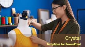  Presentation with sewing - Presentation with chinese-woman-tailor-smiling-confident background and a tawny brown colored foreground