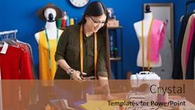  Presentation with sewing - PPT theme featuring chinese-woman-tailor-smiling-confident background and a coral colored foreground