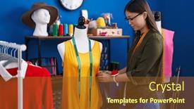  Presentation with sewing - Slides with chinese-woman-tailor-smiling-confident background and a tawny brown colored foreground