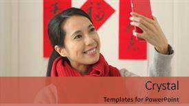  Presentation with chinese new year firecrackers - Audience pleasing presentation theme consisting of chinese woman taking selfie backdrop and a red colored foreground