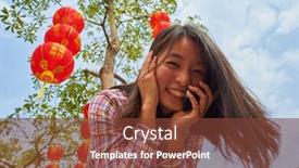  Presentation with chinese new year - Slide deck having chinese woman talking on cell phone during chinese new year background and a tawny brown colored foreground