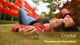  Presentation with chinese new year - Amazing slide deck having chinese woman use smartphone in the park during chinese new year backdrop and a tawny brown colored foreground