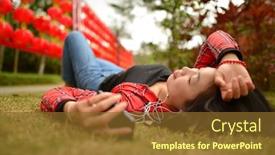  Presentation with chinese new year - PPT layouts having chinese woman use smartphone in the park during chinese new year background and a tawny brown colored foreground