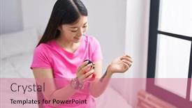  Presentation with perfume - Presentation theme with chinese-woman-using-perfume-sitting background and a coral colored foreground