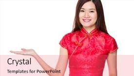  Presentation with human hands open palm up - Audience pleasing PPT layouts consisting of chinese woman with open hand backdrop and a coral colored foreground
